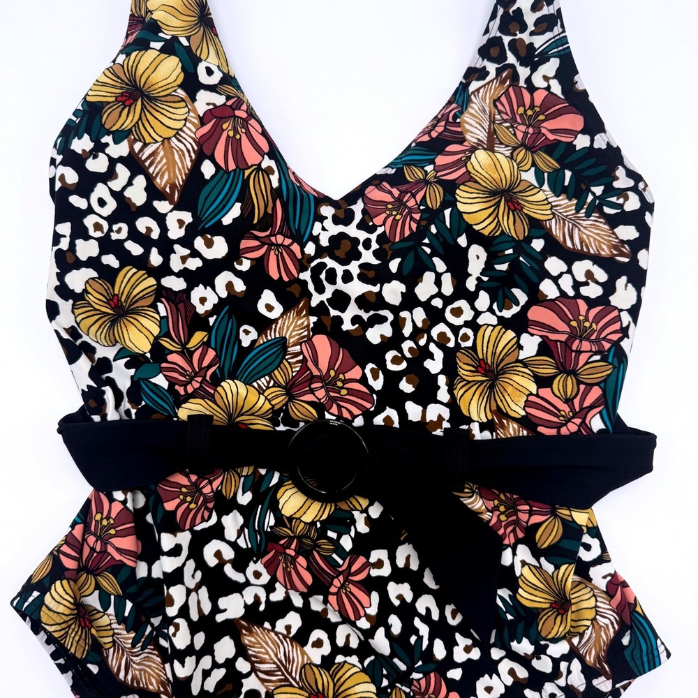 Skinny Dippers Lickity Split Floral Leopard Belted One Piece Swimsuit‎ Large